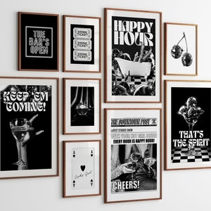 retro y2k art print neutralna sztuka ścienna modny wystrój mieszkania galeria zestaw ściennych dzieł sztuki, funky wall art bar cart 70s art prints cocktail posters