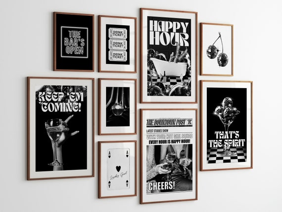 retro y2k art print neutral wall art trendy apartment decor gallery wall art set, funky wall art bar cart 70s art prints cocktail posters