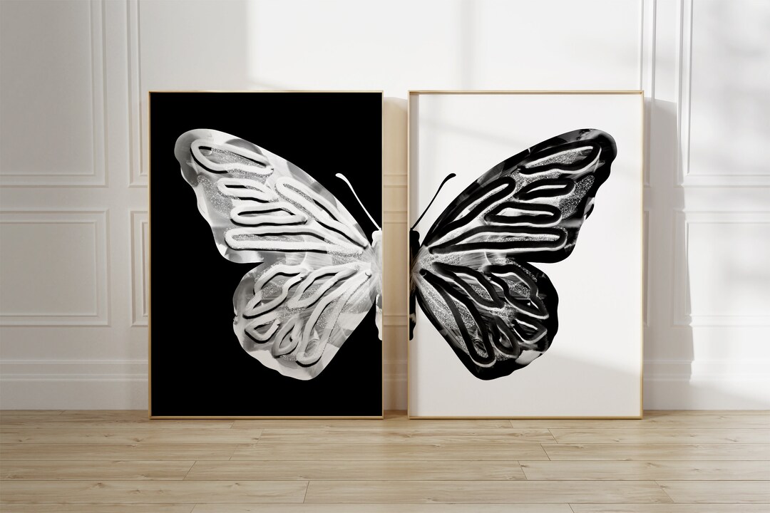 Black White Split Butterfly Wall Art Set Minimalist Funky Etsy
