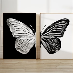 black white split butterfly wall art set minimalist funky decor, trendy neutral wall art college apartment decor aesthetic groovy poster