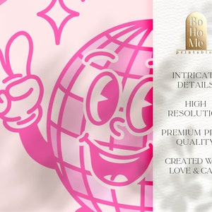 May include: Pink disco ball cartoon character with a smiling face and a peace sign hand gesture. The character is outlined in black and has a white background.