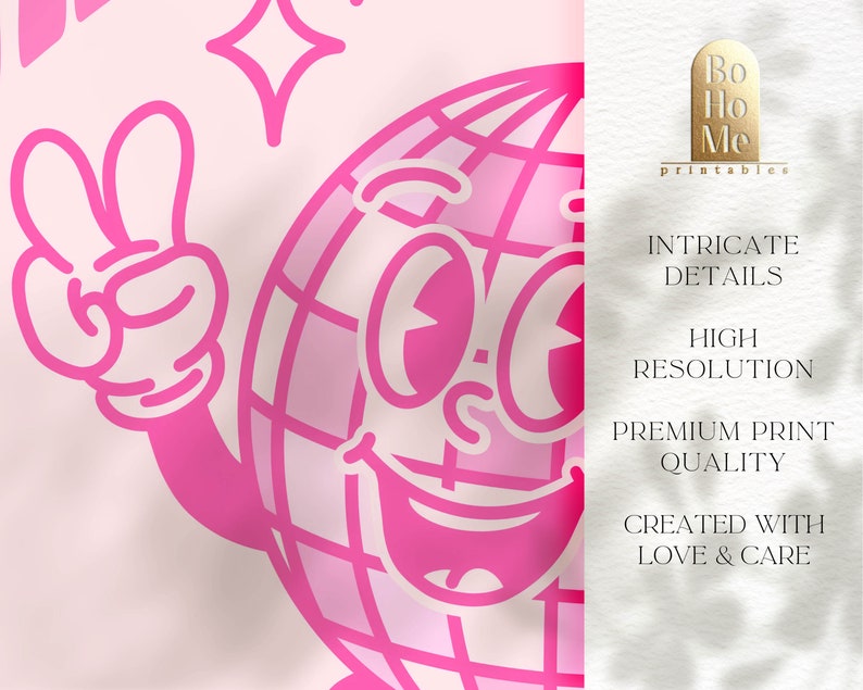May include: Pink disco ball cartoon character with a smiling face and a peace sign hand gesture. The character is outlined in black and has a white background.
