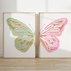 pink green split butterfly wall art set teen girl room decor aesthetic trendy posters, calming pastel wall art baby girl nursery wall decor