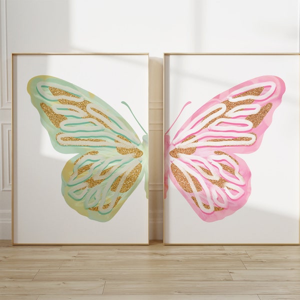 pink green split butterfly wall art set teen girl room decor aesthetic trendy posters, calming pastel wall art baby girl nursery wall decor