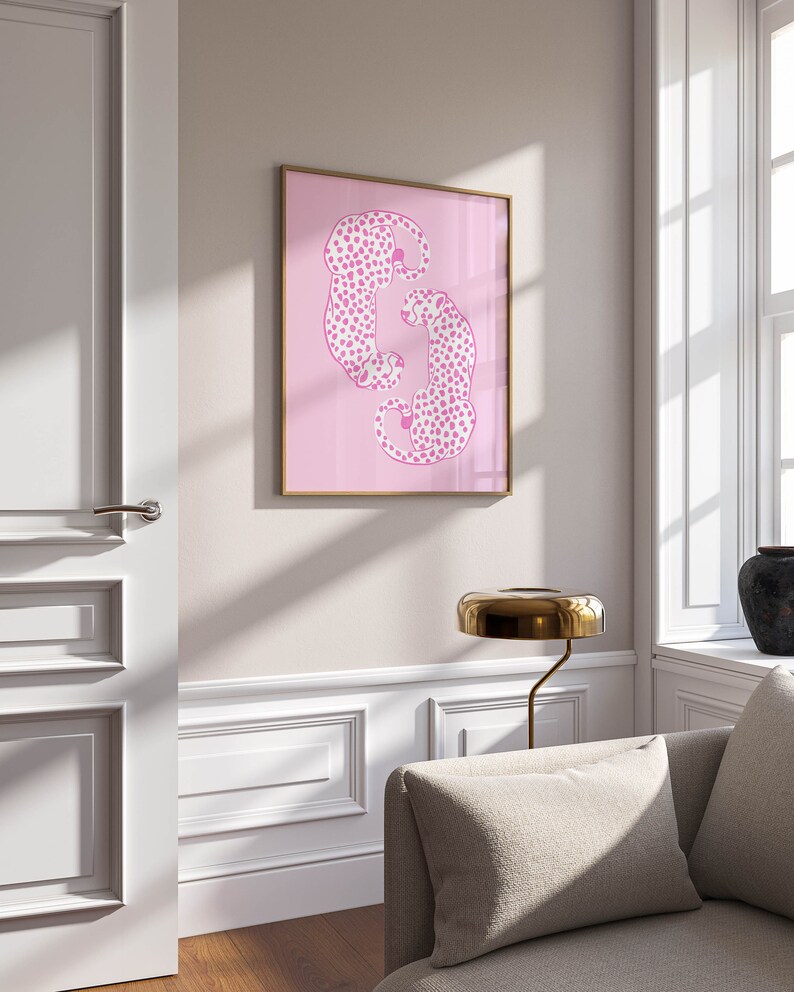 cheetahs light pink girly wall art preppy wall prints college apartment living room decor aesthetic y2k, cute wall art light pink room decor image 3