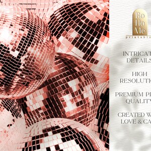 May include: A close-up of several rose gold disco balls stacked on top of each other. The disco balls are made of small, mirrored tiles that reflect light.