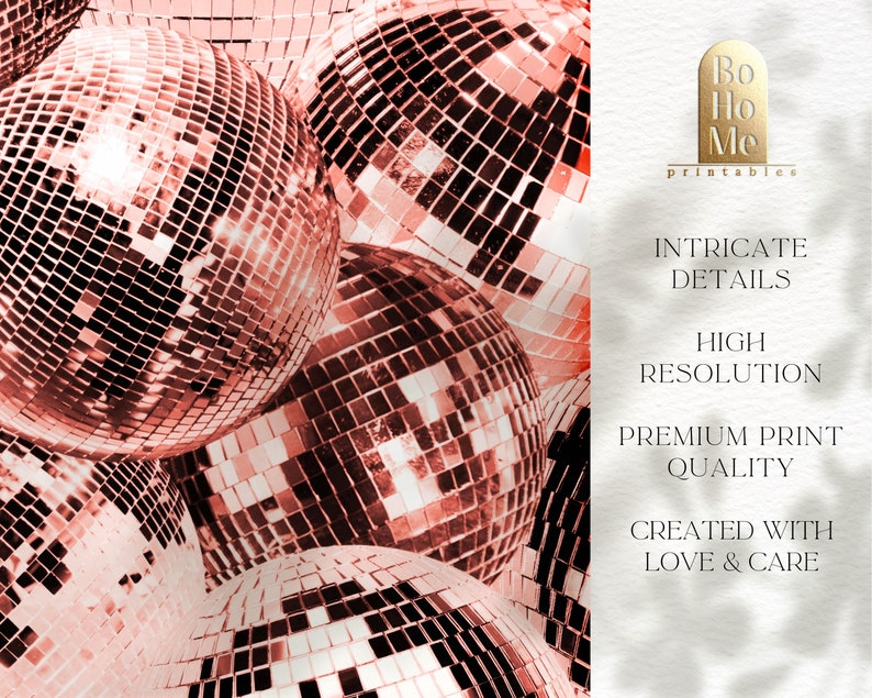 May include: A close-up of several rose gold disco balls stacked on top of each other. The disco balls are made of small, mirrored tiles that reflect light.