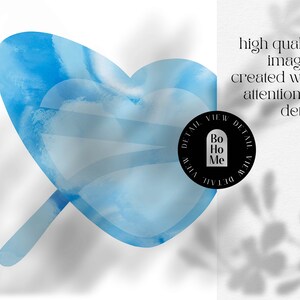 May include: A blue watercolor heart shape with a white background. The heart is slightly transparent and has a light blue shadow. The text "DETAIL VIEW DETAIL VIEW" is written in a circle around the words "Bo Ho Me".