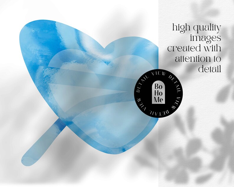 May include: A blue watercolor heart shape with a white background. The heart is slightly transparent and has a light blue shadow. The text "DETAIL VIEW DETAIL VIEW" is written in a circle around the words "Bo Ho Me".