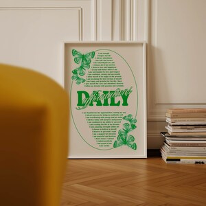 daily affirmation spiritual wall art college dorm decor, trendy retro wall art funky decor, green boho wall art hippie room decor for teens