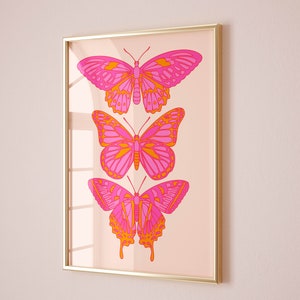 pink orange butterfly wall art preppy room decor for teens, cute apartment decor maximalist wall art, funky art print aesthetic room decor