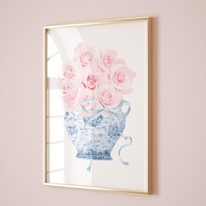 blue chinoiserie wall art blue and pink print grandmillenial decor, pink and blue wall art chinoiserie print dorm wall decor blue wall print