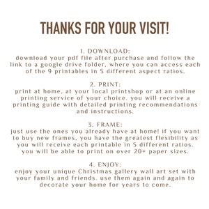Pode incluir: Um conjunto de arte de parede de galeria de Natal imprim&iacute;vel com instru&ccedil;&otilde;es sobre como baixar, imprimir, enquadrar e aproveitar a obra de arte. O texto diz "Obrigado pela sua visita!" e lista quatro etapas: Baixar, Imprimir, Enquadrar e Desfrutar.