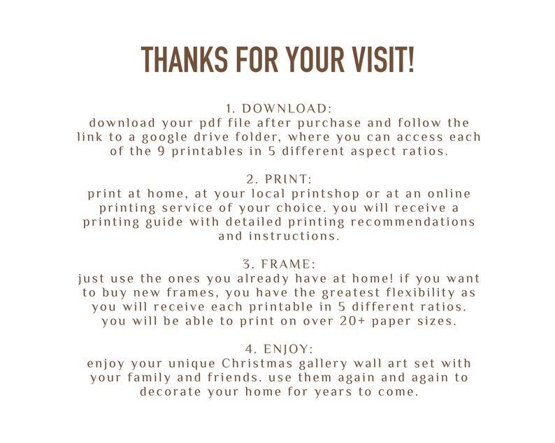 Pode incluir: Um conjunto de arte de parede de galeria de Natal imprim&iacute;vel com instru&ccedil;&otilde;es sobre como baixar, imprimir, enquadrar e aproveitar a obra de arte. O texto diz "Obrigado pela sua visita!" e lista quatro etapas: Baixar, Imprimir, Enquadrar e Desfrutar.
