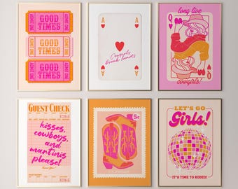 pink orange wall art cowgirl poster preppy dorm room decor aesthetic gallery wall art set of 6 wall art print trendy funky dopamine decor