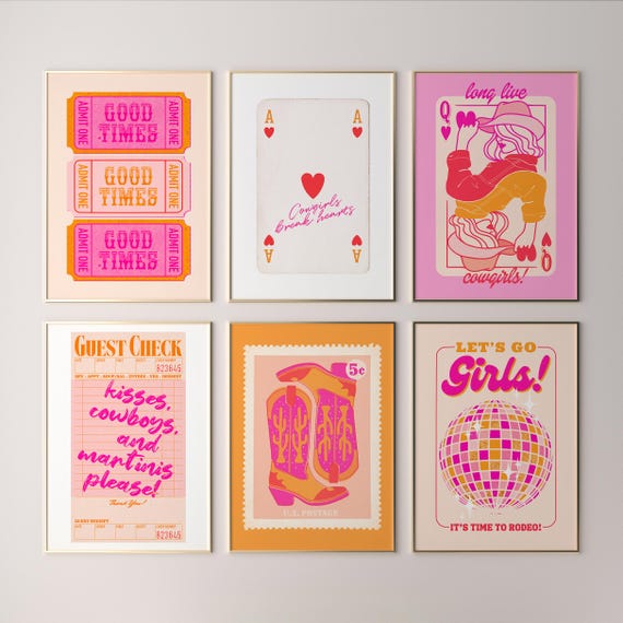 pink orange wall art cowgirl poster preppy dorm room decor aesthetic gallery wall art set of 6 wall art print trendy funky dopamine decor