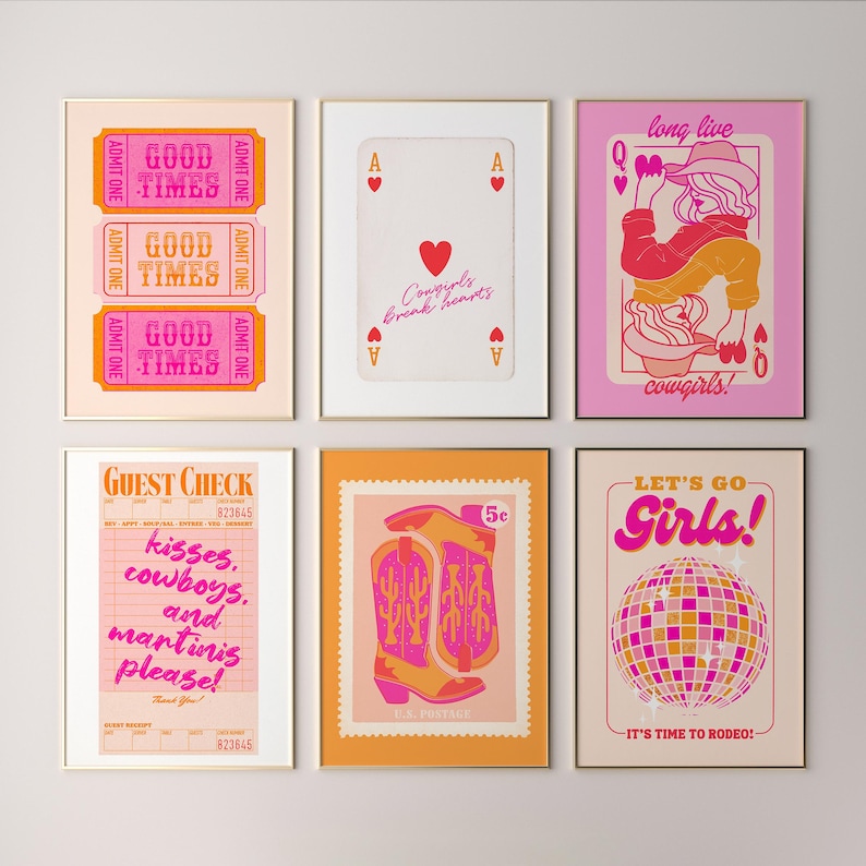 May include: Six printable wall art prints with a retro 70s theme. The prints feature pink, orange, and yellow colors. The prints include a guest check, a playing card, a cowboy boot, a disco ball, and two ticket stubs.