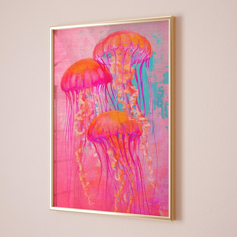 May include: A framed print of three pink and orange jellyfish with long tentacles against a pink and blue background.