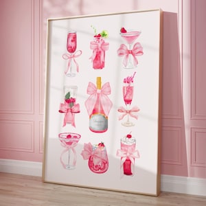 Roze cocktail aquarel print bar kar decor - alcohol kunst aan de muur trendy strik print slaapzaal decor, girlyesthetiekcollage kunst keuken wanddecoratie
