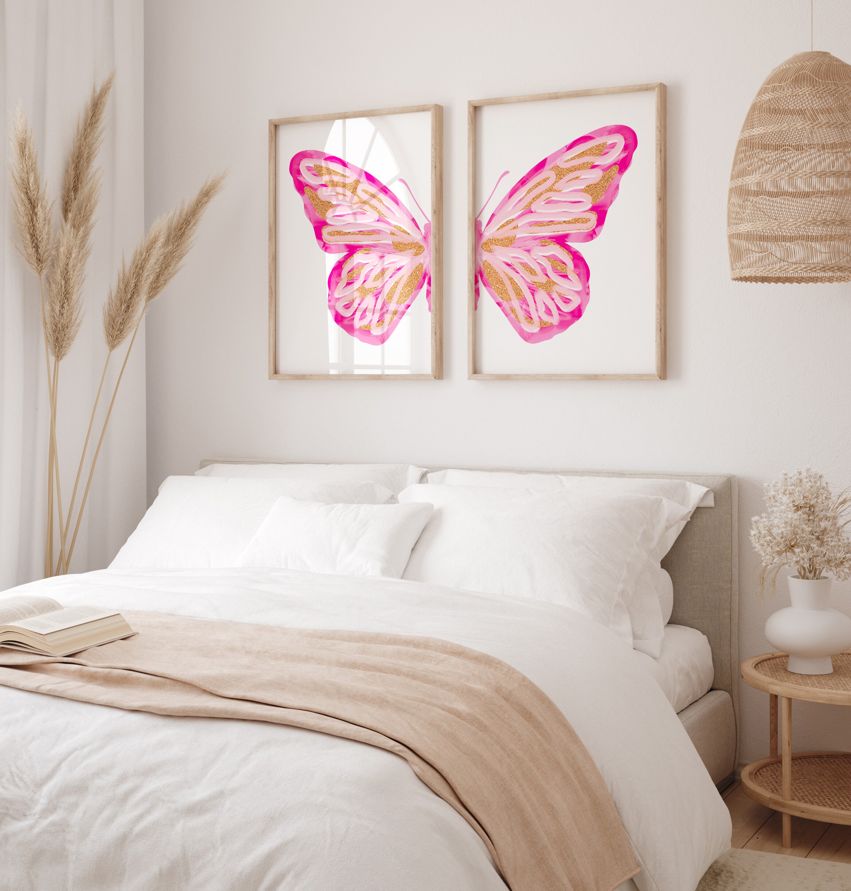 Pink Split Butterfly Wall Art Set Teen Girl Room Decor Aesthetic, Pink ...