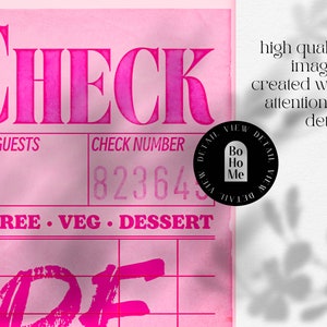 May include: Pink check with the words "CHECK", "GUESTS", "CHECK NUMBER", and "ENTREE. VEG. DESSERT" printed on it. The check number is 823643. A black and white circle with the words "DETAIL VIEW DETAIL VIEW" and "Bo Ho Me" is in the upper right corner of the image.