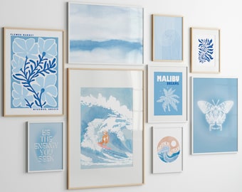 coastal cowgirl wall art surf decor gallery wall art set of 9, blue wall art prints beachy decor, aesthetic wall art coastal apartment decor