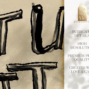 Pode incluir: Impress&atilde;o de arte abstrata com pinceladas pretas arrojadas das letras "TU" sobre um fundo bege. A impress&atilde;o inclui o texto "Bo Ho Me printables" e texto adicional: "INTRICATE DETAILS", "HIGH RESOLUTION", "PREMIUM PRINT QUALITY" e "CREATED WITH LOVE & CARE".