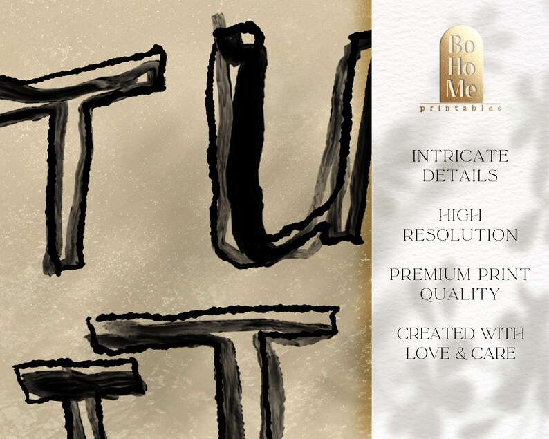Pode incluir: Impress&atilde;o de arte abstrata com pinceladas pretas arrojadas das letras "TU" sobre um fundo bege. A impress&atilde;o inclui o texto "Bo Ho Me printables" e texto adicional: "INTRICATE DETAILS", "HIGH RESOLUTION", "PREMIUM PRINT QUALITY" e "CREATED WITH LOVE & CARE".