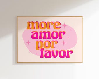 more amor por favor quirky wall art hot pink decor, horizontal girly wall art funky art print dopamine decor preppy wall prints hot pink art