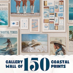 beach decor gallery wall set of 150 coastal cowgirl prints, blue wall art surf posters western decor, college dorm decor coastal wall art