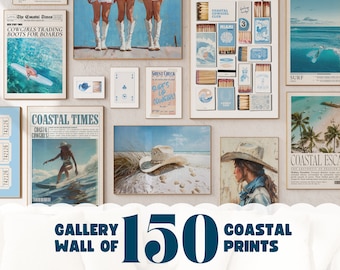 beach decor gallery wall set of 150 coastal cowgirl prints, blue wall art surf posters western decor, college dorm decor coastal wall art