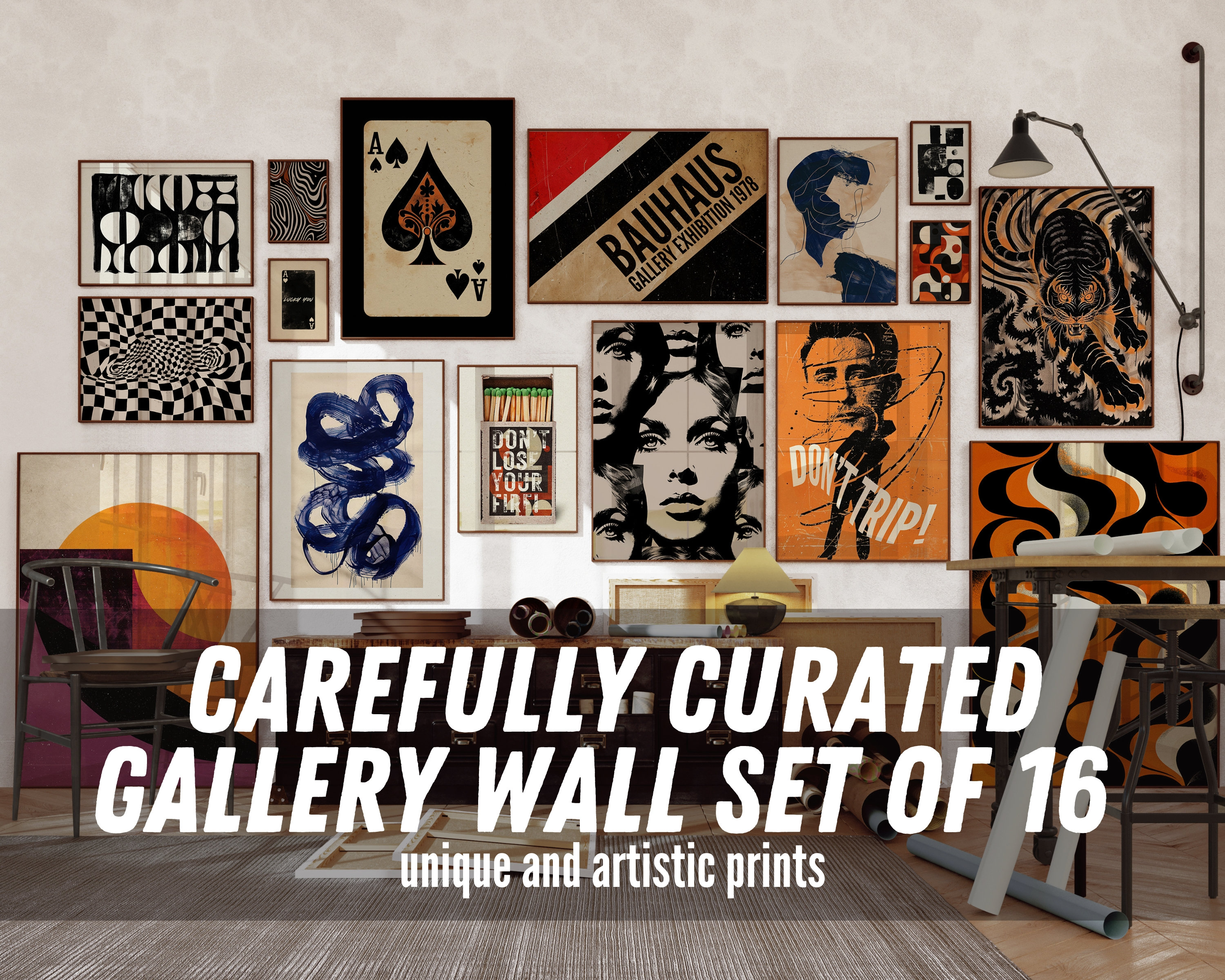 70s Decor Retro Aesthetic Gallery Wall Set of 16, Eclectic Wall