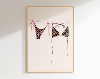 Leopard Poster Pink Wall Art Bikini Print Apartment Decor, Retro