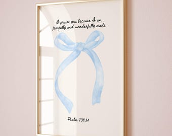 blue wall art christian print bow wall decor, bible verse wall art nursery print cute poster, dorm wall art trendy print aesthetic decor