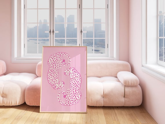 cheetahs light pink girly wall art preppy wall prints college apartment living room decor aesthetic y2k, cute wall art light pink room decor