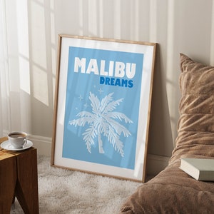 malibu travel poster blue preppy aesthetic wall art teen room decor, blue wall art print beachy decor, aesthetic poster preppy dorm decor