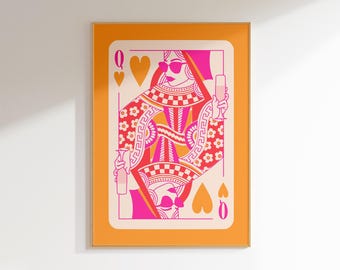 queen of hearts playing card funky wall art, pink and orange preppy wall art dorm decor, preppy y2k room decor aesthetic maximalist wall art