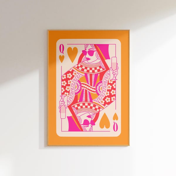queen of hearts playing card funky wall art, pink and orange preppy wall art dorm decor, preppy y2k room decor aesthetic maximalist wall art