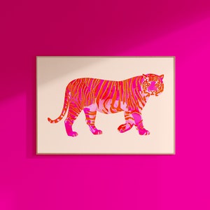 tiger painting large maximalist wall art preppy room decor, funky horizontal wall art college dorm decor, pink orange wall art animal print image 1