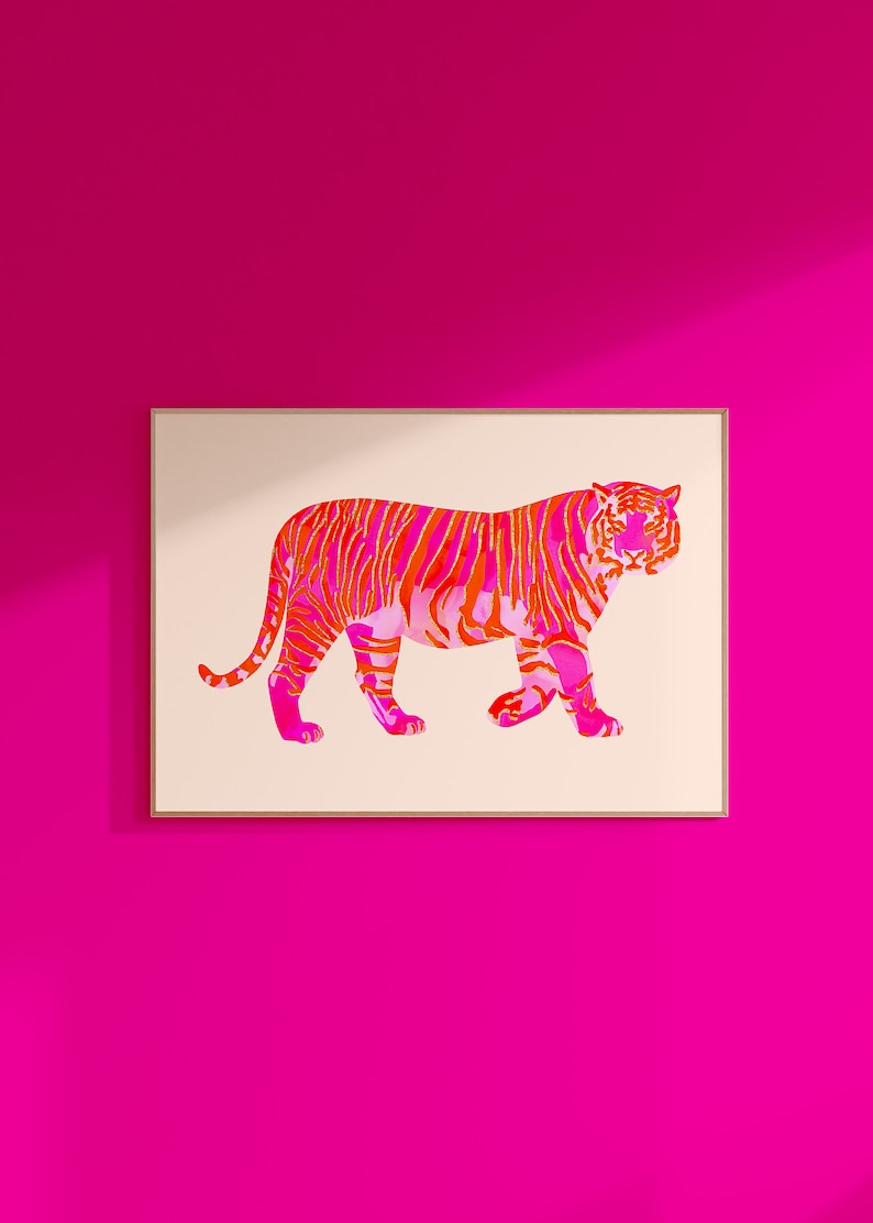 tiger painting large maximalist wall art preppy room decor, funky horizontal wall art college dorm decor, pink orange wall art animal print image 1