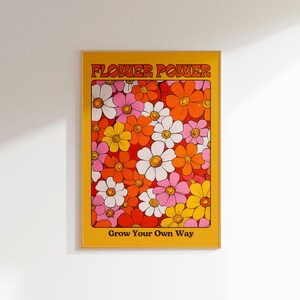 arte de pared inspirador estampado floral cartel de los años 70 decoración retro, arte de pared floral boho hippie decoración del hogar funky, decoración de dopamina de arte de pared maximalista