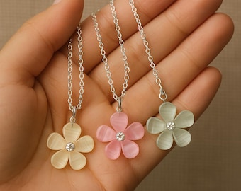 Silver Flower Necklace: Bridesmaid Jewelry, Flower Girl Gift