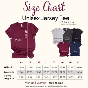 May include: Size chart for a unisex jersey tee, showing measurements in inches for width, length, and sleeve length for sizes XS through 4XL. The chart includes a color chart with options for athletic heather, dark grey heather, black, maroon, and navy.