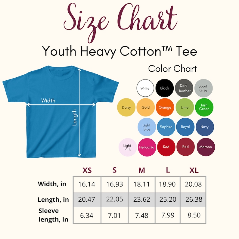 May include: Size chart for youth heavy cotton tee shirts. The chart shows measurements in inches for width, length, and sleeve length for sizes XS, S, M, L, and XL. A color chart shows the available colors for the tee shirts.