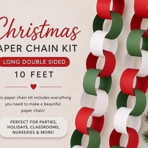 May include: A Christmas paper chain kit featuring red, green, and white paper links. The text reads: Christmas PAPER CHAIN KIT, LONG DOUBLE SIDED, 10 FEET. This paper chain kit includes everything you need to make a beautiful paper chain! PERFECT FOR PARTIES, HOLIDAYS, CLASSROOMS, NURSERIES & MORE!