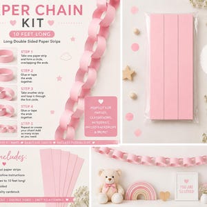 May include: A paper chain kit featuring light pink double-sided paper strips that assemble into a 3-metre long decoration. The kit includes 50 pre-cut strips, illustrated assembly instructions, and a clear plastic package for the paper components.