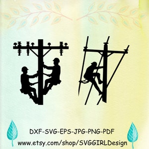 May include: Black silhouette images of two utility workers climbing utility poles. One image shows two workers on a pole, and the other shows a single worker. The image includes the text "DXF-SVG-EPS-JPG-PNG-PDF" and a website address.