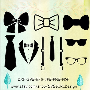 cravatta in formato SVG, pacchetto di 7 cravatte e bretelle, neonato SVG, download digitale, Cricut, Silhouette, occhiali in formato SVG, png, eps, dxf, pdf, jpg