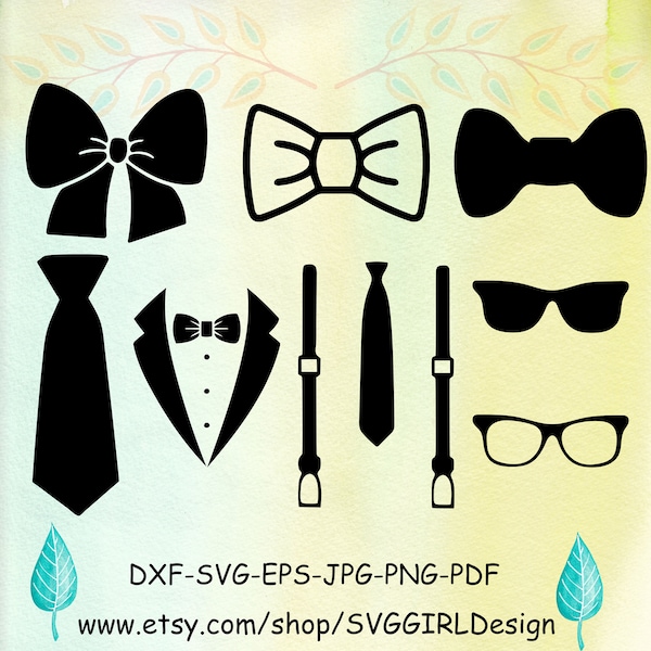 Krawatten svg, Bündel 7 Krawatten und Hosenträger, Baby Boy SVG, digitaler Download, Cricut, Silhouette, Brille svg, png, eps, dxf, pdf, jpg