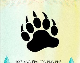 May include: Black silhouette of a bear paw print with five toes and claws.  DXF-SVG-EPS-JPG-PNG-PDF www.etsy.com/shop/SVGGRLDesign